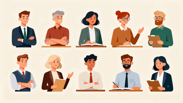 A collection of professional figures such as teachers, professors and lecturers, with cartoon hand-drawn vector illustrations