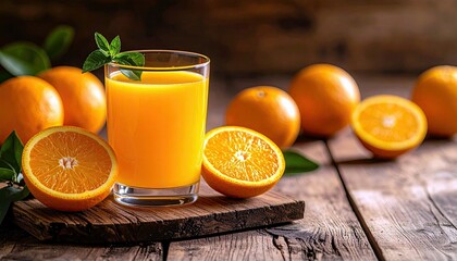 A refreshing glass of bright orange juice sits on a wooden surface surrounded by whole and sliced oranges, with a sprig of mint.