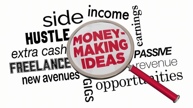 Money-Making Ideas Magnifying Glass Find Side Hustle Income Earnings 3d Animation