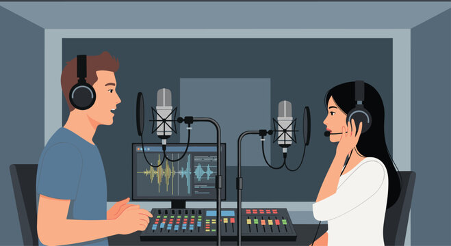 Dynamic duo creating captivating audio content in professional recording studio, engaging listeners with vibrant dialogue