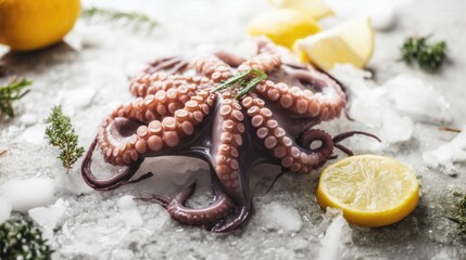 Fresh Raw Octopus on Ice with Lemon and Herbs. Generative AI