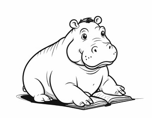 Cute hippo writing in a notebook preschool coloring page