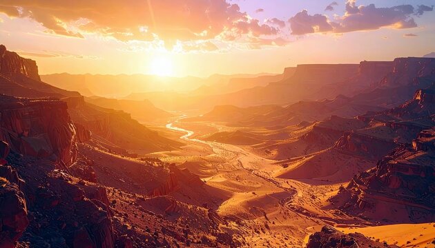 A breathtaking panoramic view of a grand canyon at sunset, with a river carving through the arid landscape and majestic rock formations. - Powered by Adobe