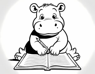 Cute hippo writing in a notebook preschool coloring page