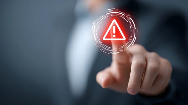 Close up of a person s finger interacting with a futuristic digital interface displaying a bright red triangular warning symbol with an exclamation mark signifying an alert or potential danger