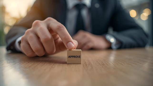 a person holding wooden block with the word approve engraved on it, symbolizing consent and agreement. It signifies a positive decision or validation
