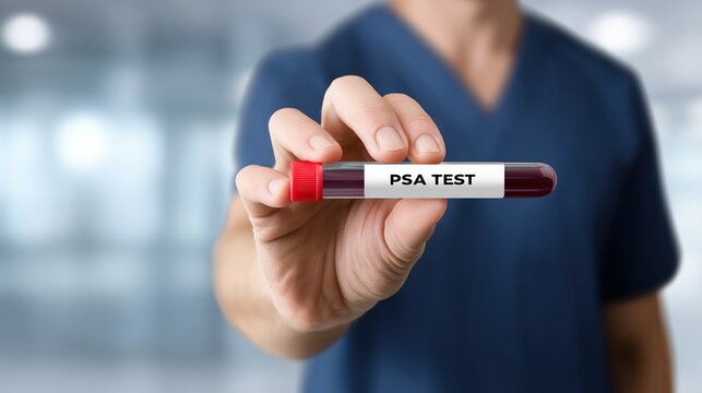 Medical professional holding PSA blood sample vial