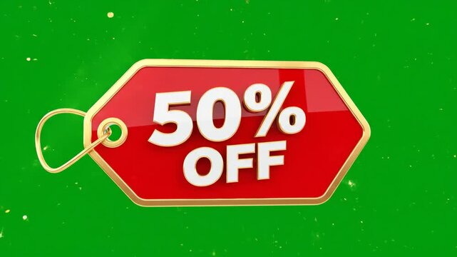 50% off discount tag reveals with a smoke explosion. Animated sale promotion with glitter and sparks on a green screen for chroma keying