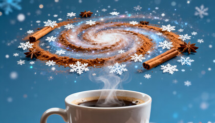 Hot coffee cup with cinnamon forming a swirling galaxy of snowflakes above. Creative concept.