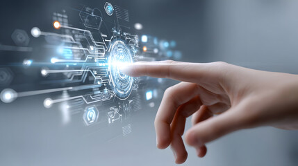 Human hand touching a futuristic digital display with glowing circuits and data streams representing and advanced technological progress