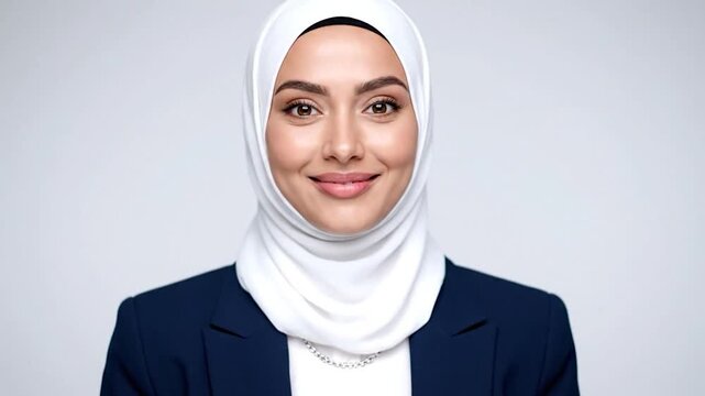 Portrait of a woman with a white hijab, blue blazer, and surprised expression