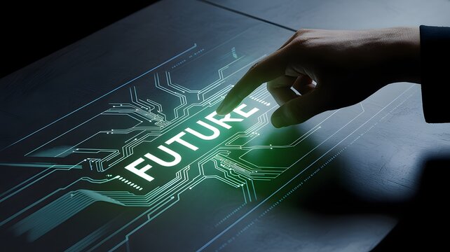 Hand touching glowing future text on digital circuit board