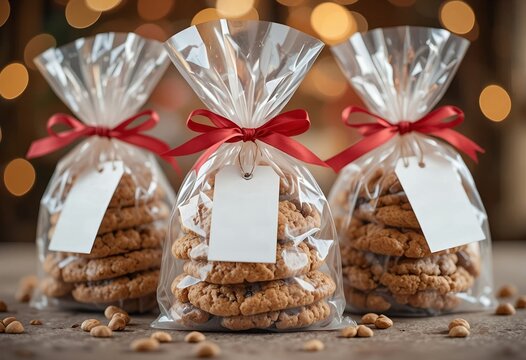 Homemade cookies packaged in clear cellophane bags with festive ribbons, tags, warm bokeh background, sharp detailed texture.