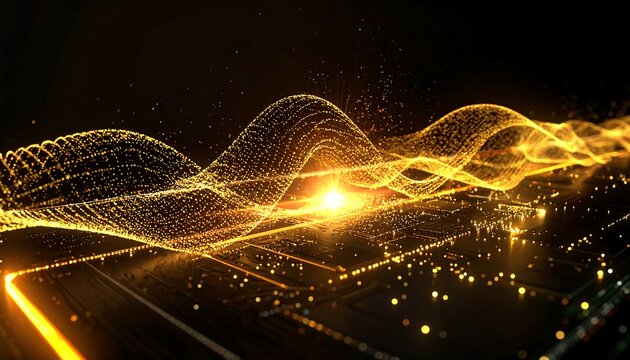 Digital gold particle wave emanating from bright central light source