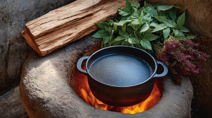 A pot of food is cooking over a fire in a rustic setting. The pot is filled with vegetables and herbs, and the fire is hot and glowing. Concept of warmth and comfort