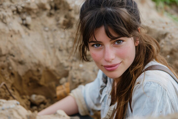 Fototapeta premium Archaeologist Carefully Excavating Fossilized Artifact Bones Skeletons in Field, Generative AI