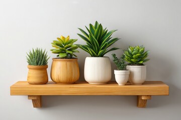 A collection of five potted succulent and foliage plants arranged on a wooden shelf against a light gray wall