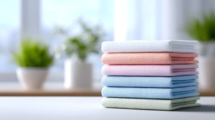 Soft pastel colored towels are stacked neatly on a clean surface creating a serene and organized display with a blurred bright window and greenery in the background