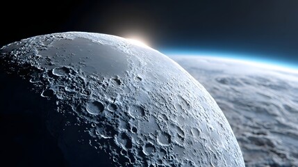 Sunrise crests the cratered lunar surface with planet Earth visible in the atmospheric haze of the distant background against the deep black of space