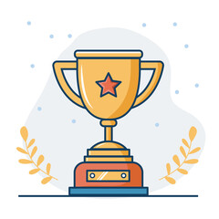 Golden trophy cup with star on a pedestal and laurel branches. Achievement and award concept. Victory and success icon for celebration.