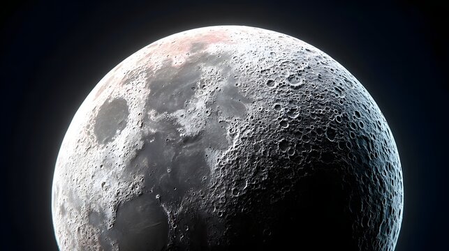 Detailed lunar surface texture with numerous impact craters dark maria and varied terrain illuminated by stark light and deep shadows in the vastness of space