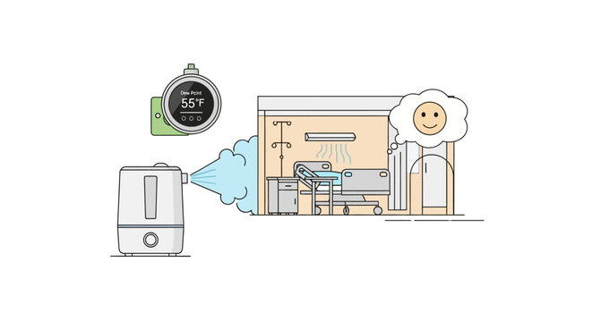 Illustration of a humidifier in a hospital room, showing humidity level and a happy face.