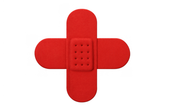 Red adhesive bandage forming medical cross symbol, offering protection, first aid, healthcare, healing, and support