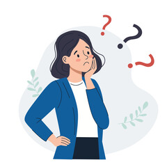 Woman pondering with question marks. Feeling unsure or confused. Making decision and problem solving concept. Searching for idea, thought.