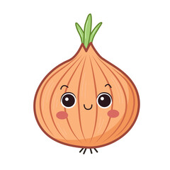 Happy cartoon onion with cute face. Kawaii vegetable illustration. Childish character design for kid food packaging, garden concept.