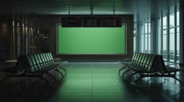 Empty airport waiting area with green screen for customizable content, modern travel hub.