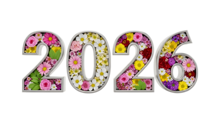Floral numbers 2026 with silver borders filled with colorful flowers and green leaves isolated on a transparent background