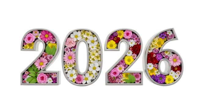 Floral numbers 2026 with silver borders filled with colorful flowers and green leaves isolated on a transparent background