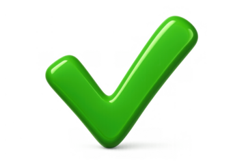 Green 3d check mark icon with a glossy finish, representing approval, success, right choice, and completion, transparent background