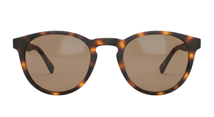 A pair of round sunglasses with tortoise shell frames and brown lenses, isolated on transparent background
