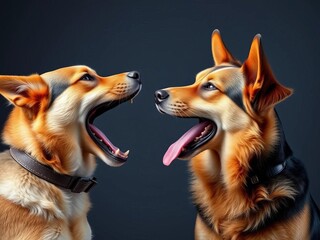 A dog barks, its mouth open, conveying a clear message to another canine companion,  expression, barking