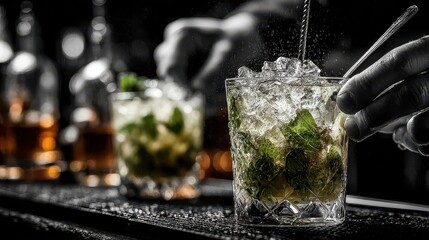 Mojito being prepared with mint and lime on a wooden bar counter in a restaurant