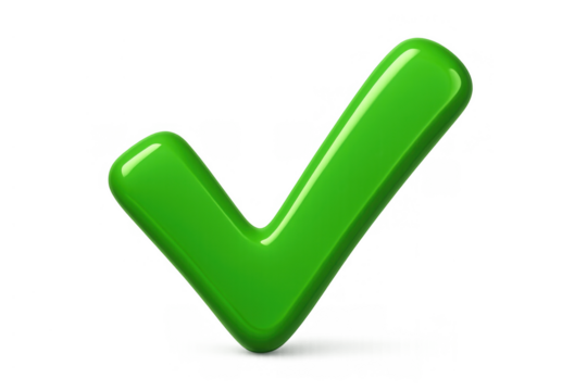 Green 3d check mark icon with a glossy finish, representing approval, success, right choice, and completion, transparent background