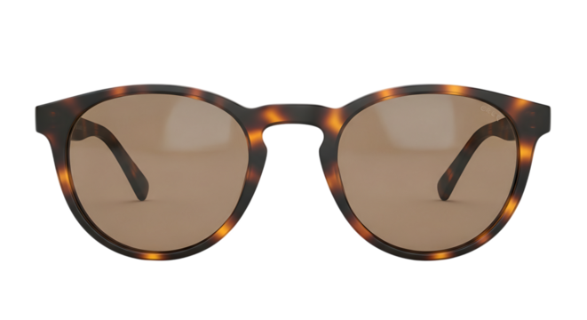A pair of round sunglasses with tortoise shell frames and brown lenses, isolated on transparent background