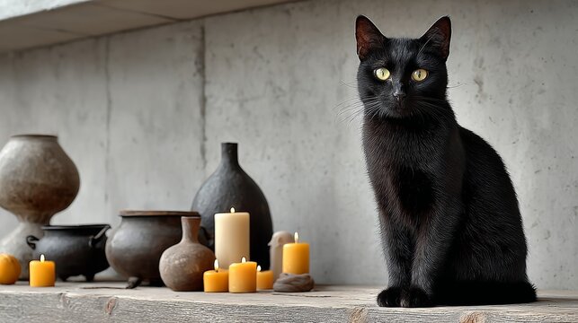 A black cat sits on a table next to candles and vases. Scene is calm and peaceful, as the cat seems to be enjoying its surroundings - Powered by Adobe