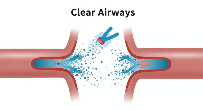 Illustration of clear airways with blue liquid and medical tool.