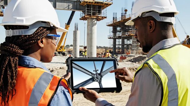 Two engineers using a tablet with BIM software on a construction site. Diverse team collaborating on a building project. Modern construction technology and project management concept
