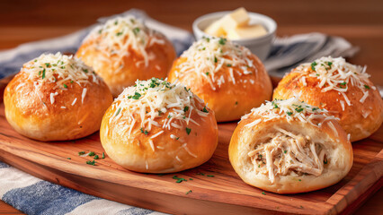 Fictional Cheesy Dynamite Chicken stuffed buns, with grated cheese and black sesam on top on a wooden serving board. 