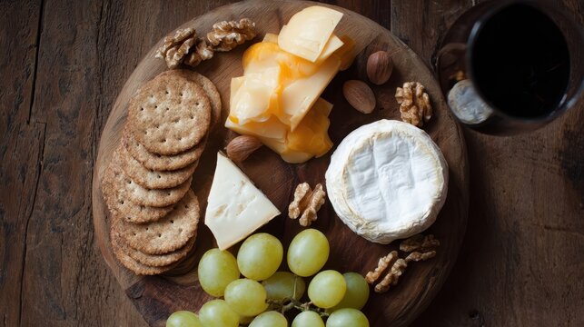 Assorted cheeses, crackers, grapes, and nuts arranged on a wooden platter.