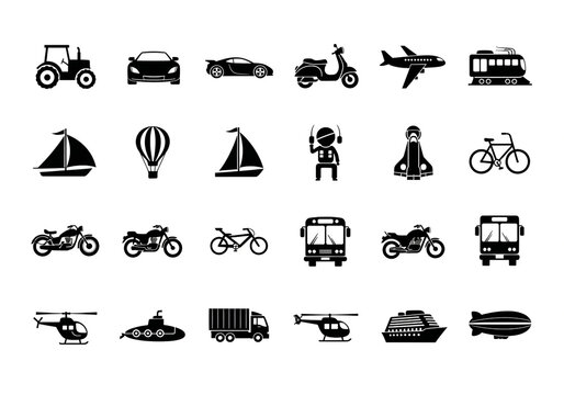 Explore transportation icons for graphic design projects - from cars and planes to boats and bikes in a versatile black and white style, perfect for creative use