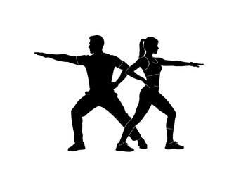 Dynamic fitness duo practicing Warrior pose, silhouetted against white background for health, wellness, and active lifestyle concepts, perfect for gym ads