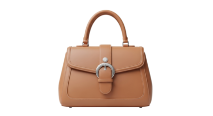 Tan leather handbag with buckle isolated PNG with Transparent Background