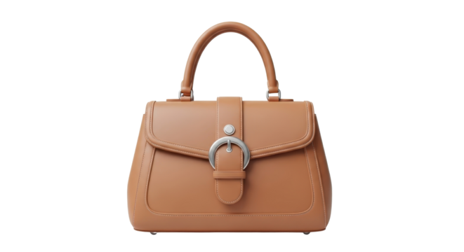 Tan leather handbag with buckle isolated PNG with Transparent Background