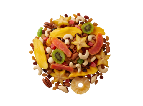 Dried tropical fruits along with different nuts and raisins set against a white background