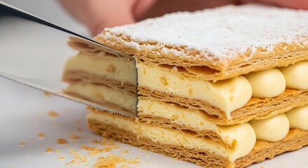 A sharp knife slicing through a delicate, multi-layered mille-feuille pastry filled with cream and dusted with powdered sugar.