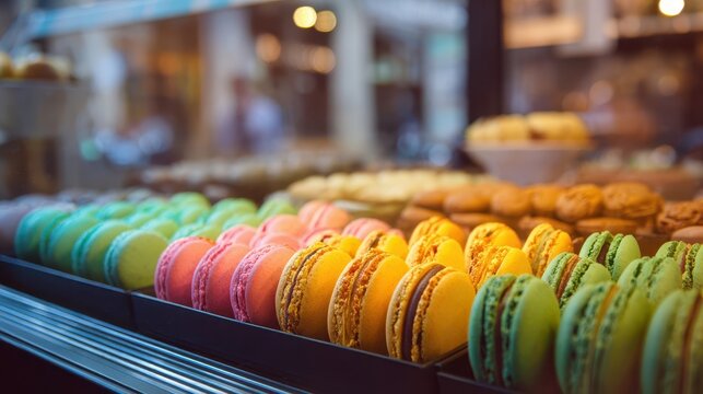 Colorful macarons displayed in a bakery display case.